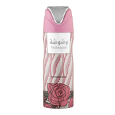 Roze en zilveren parfum spray van Lattafa Washwashah Deodorant